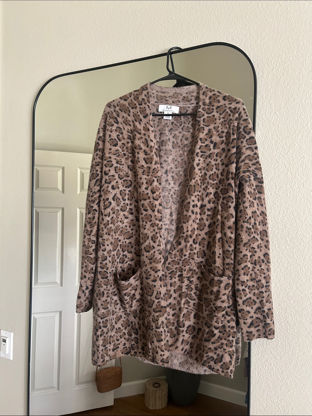 Magaschoni 100% Cashmere Leopard Print Open Cardigan - Tan & Black